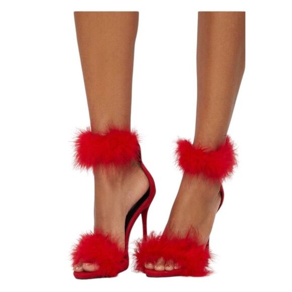 PrettyLittleThing NWTs Red Feathered High Heel Strappy Sandals Size 6 - Picture 1 of 10